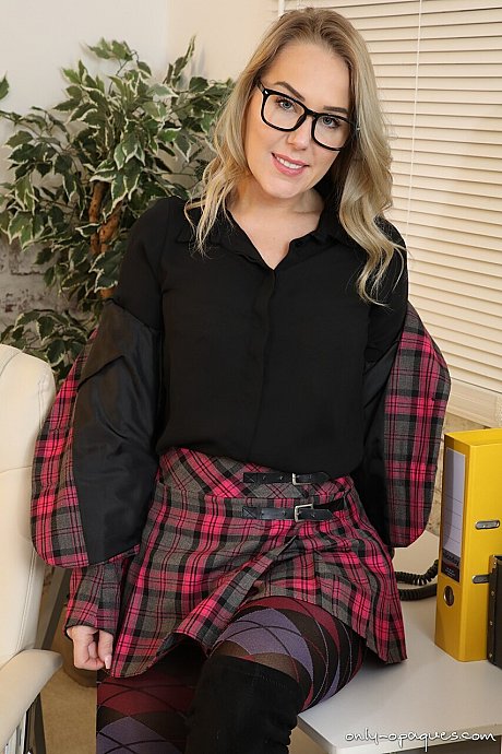 Blondie secretary Aston Wilde uncovers her small titties in glasses and pantyhose - Image 7 of 16  in Legs category   featuring Aston Wilde 