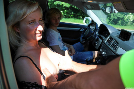 Kinky blonde older shares an cougar schlong with a thin twink share on a hill - #1089010