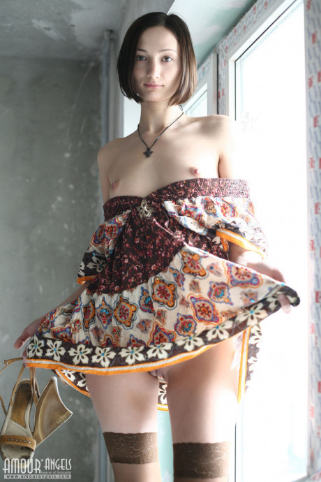 Chick gf girl next door Masha exposes her tiny boobies and snatch on window sill - #1251537