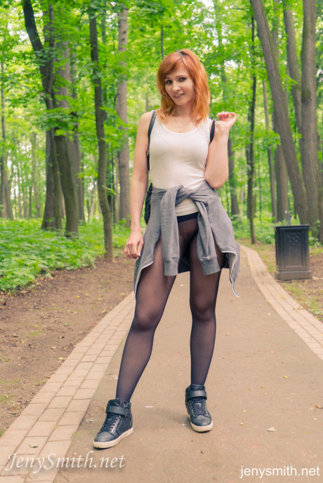 Amateur ginger head Jeny Smith posing in her sheer pantyhose in public - #1242347