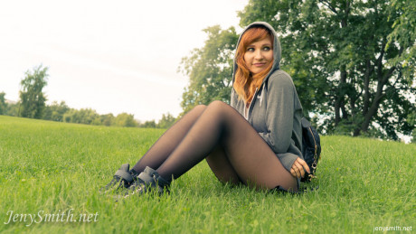 Amateur ginger head Jeny Smith posing in her sheer pantyhose in public - #1242353