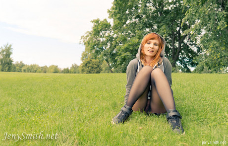 Amateur ginger head Jeny Smith posing in her sheer pantyhose in public - #1242359