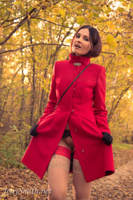 Stunning MILF Jeny Smith teases with her giant titties in stockings in the woods #83468