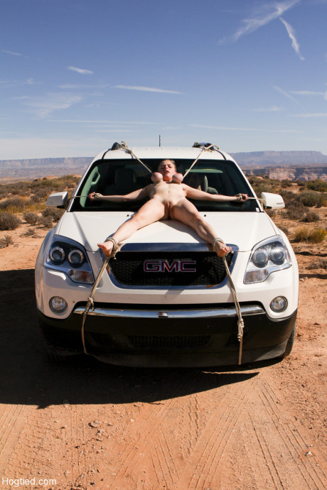 Naked Cherry Torn gets bound to a car & pulled by her massive tits in the desert - #957598