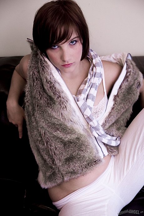 Erotic brunette hipster sweety Jackie sheds fur vest exposing pierced nipples - Image 4 of 17  in Legs category  