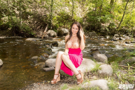 Massive titted amateur Bryci hikes up her pink dress to finger fuck by a brook - #180690