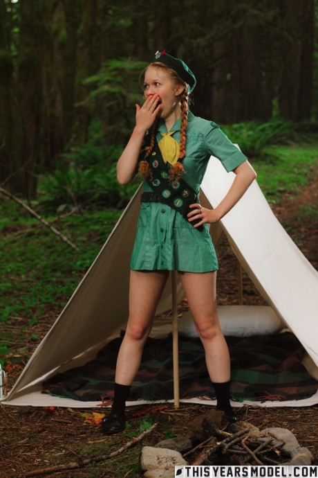 Redheaded girl girlfriend girl Scout Dolly Little gets undressed outside her tent in beret - #209249