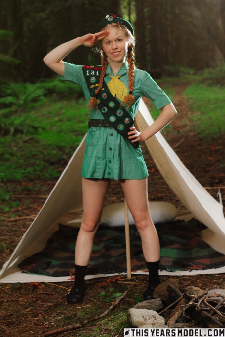 Redheaded girl girlfriend girl Scout Dolly Little gets undressed outside her tent in beret - #209250