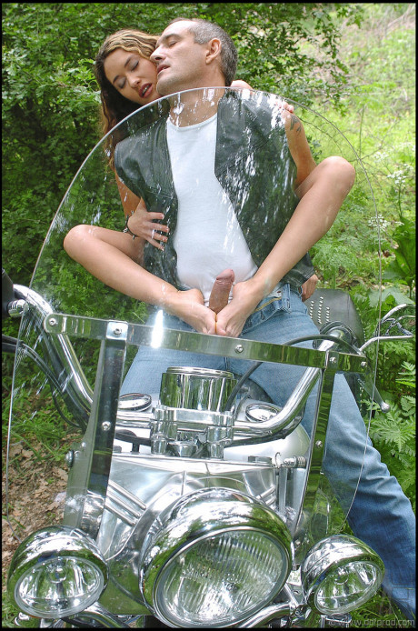 Sexy curly haired babe Vivien L gets rammed on a motorbike in the woods - #358782