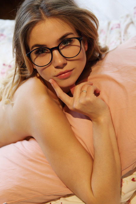 Charming teenie in glasses Lola Krit shows her trimmed cunt up close in her room - #115079