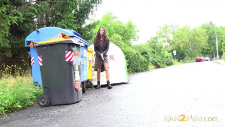 Short taken skank girlfriend broad Ali Bordeaux squats for a piss on a road by refuse containers - #821187