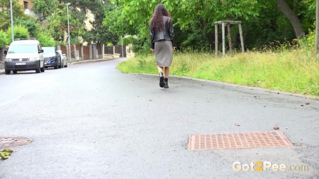 Short taken skank girlfriend broad Ali Bordeaux squats for a piss on a road by refuse containers - #821189