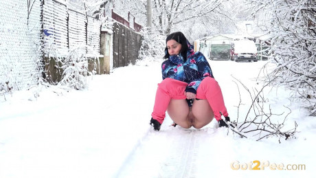 Stunning European babe squats to pee in the snow - #200948