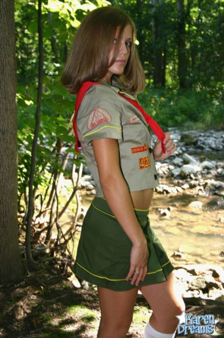 Wild teen girl gf girl teases next to a stream in her slut GF broad Guides uniform - #682862