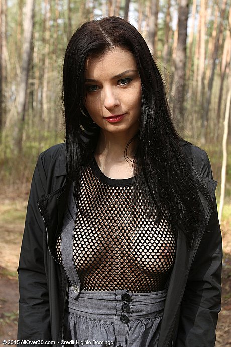 Dark haired MILF Helena ebony spreading outside in nylons for vagina closeup - Image 2 of 16  in Close Up category   featuring Helena Black 