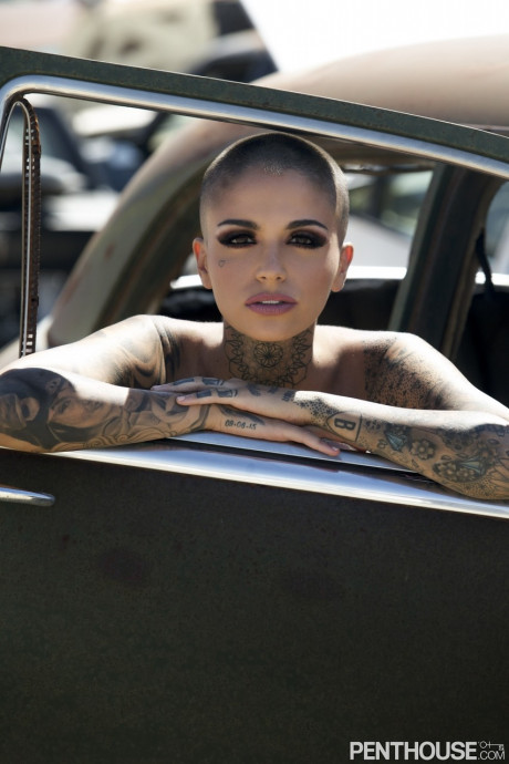 Bald inked babe Leigh Raven flaunts her small breasts and poses naked outdoors