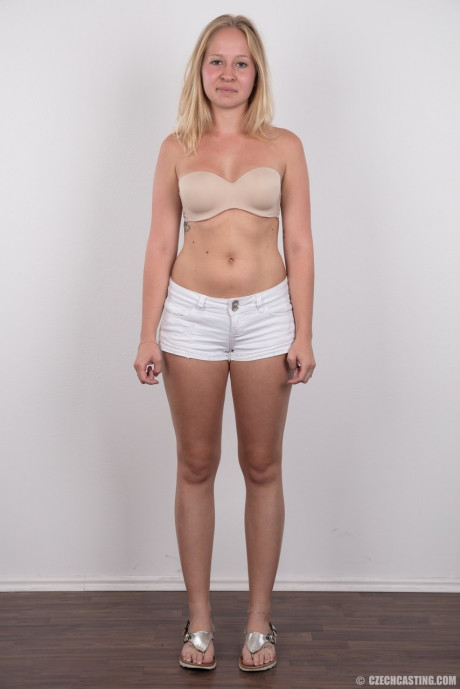 Blonde amateur Veronika exposes her tan lined titties in black undies - #581290