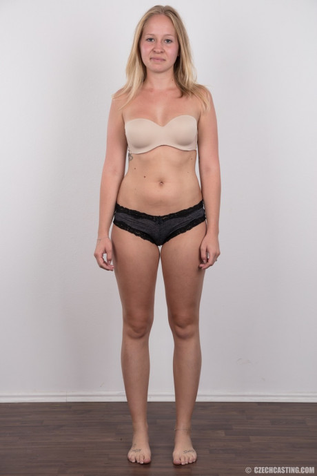 Blonde amateur Veronika exposes her tan lined titties in black undies - #581294