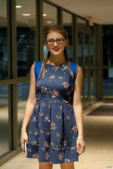 Nerdy amateur babe Melody Marks exposes her huge tits at the mall - Image 1 of 12  in Skirt category   featuring Melody Marks 