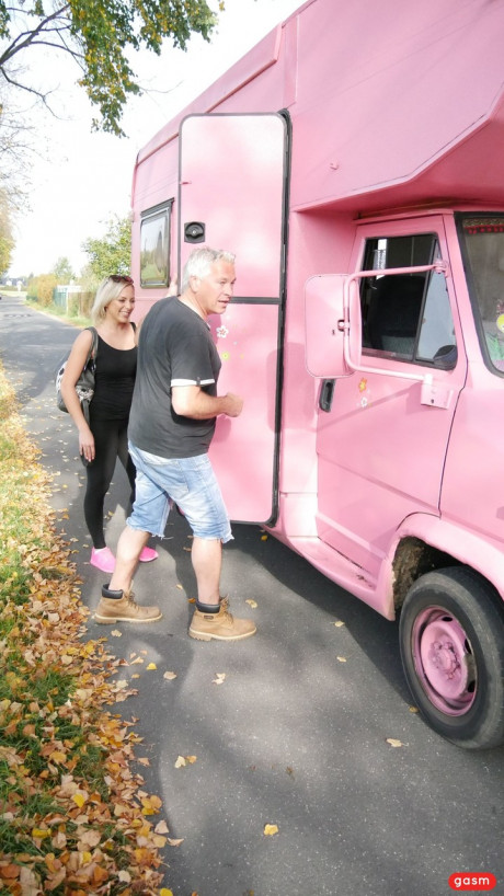 German pornstar with great juggs gets hammered by an old dude in a pink camper - #1072242