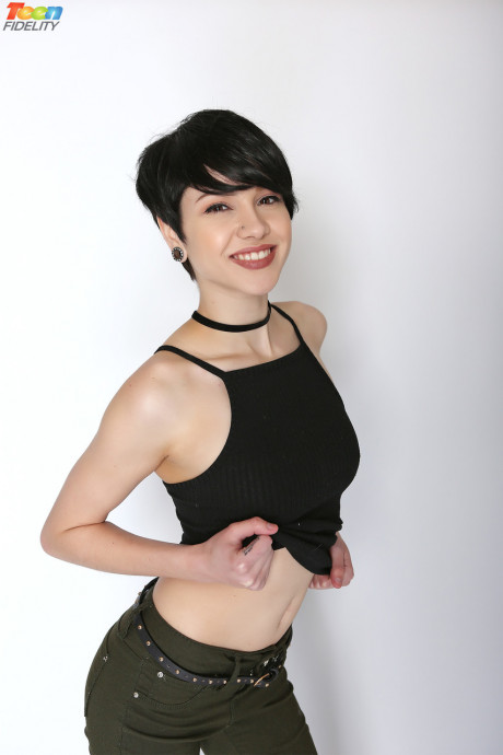 Short haired hot skank GF woman Cadey Mercury unveils her tiny melons in solo stirptease - #477266