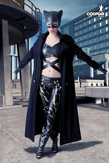 Pretty skank GF woman gets undressed in a leather Catwoman hood on a rooftop - Image 3 of 12  in Tiny Tits category  