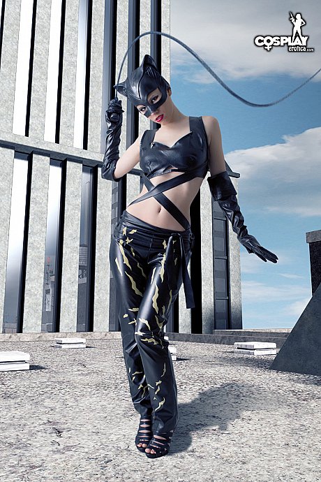 Pretty skank GF woman gets undressed in a leather Catwoman hood on a rooftop - Image 5 of 12  in Tiny Tits category  