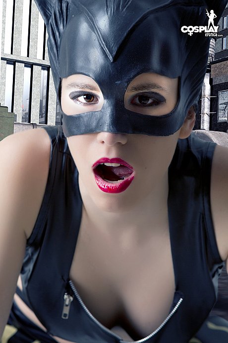 Pretty skank GF woman gets undressed in a leather Catwoman hood on a rooftop - Image 7 of 12  in Tiny Tits category  