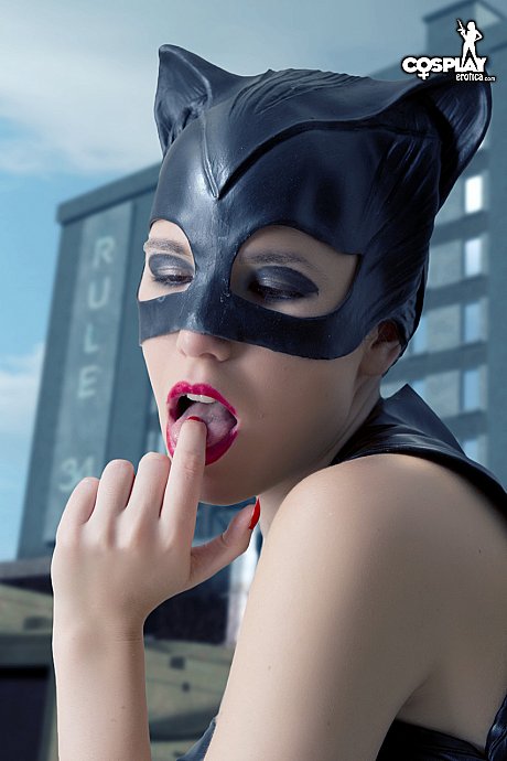 Pretty skank GF woman gets undressed in a leather Catwoman hood on a rooftop - Image 9 of 12  in Tiny Tits category  