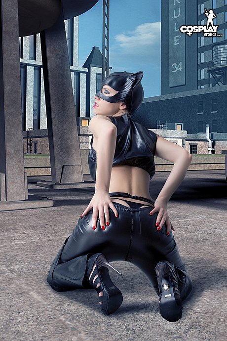 Pretty skank GF woman gets undressed in a leather Catwoman hood on a rooftop - Image 10 of 12  in Tiny Tits category  