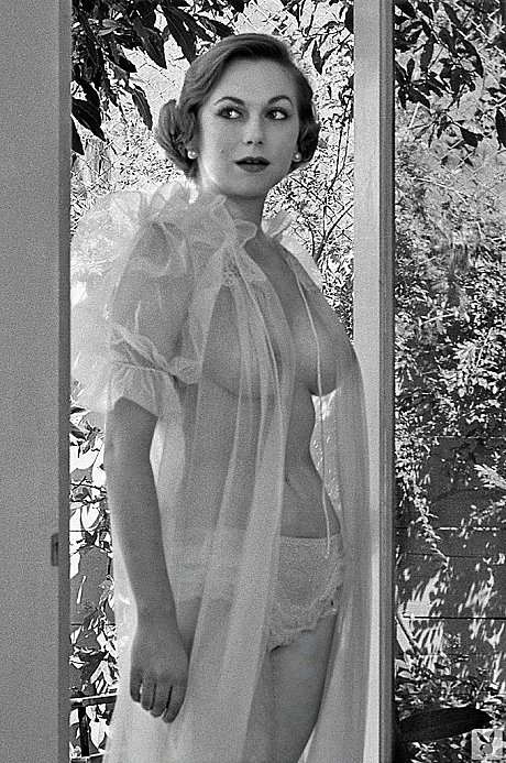 Centerfold grandma Jonnie seductively posing bare-breasted in a black & white shoot - Image 1 of 16  in Model category   featuring Jonnie Nicely 