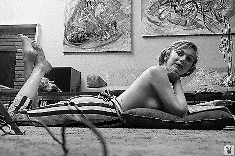 Centerfold grandma Jonnie seductively posing bare-breasted in a black & white shoot - Image 8 of 16  in Model category   featuring Jonnie Nicely 