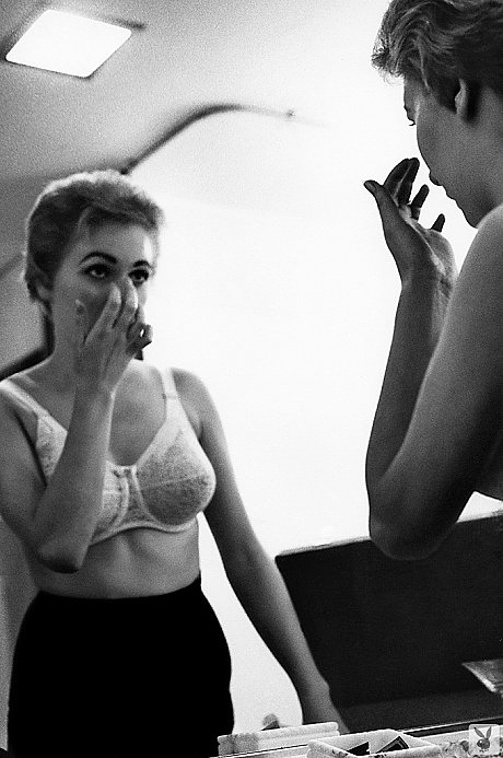 Centerfold grandma Jonnie seductively posing bare-breasted in a black & white shoot - Image 10 of 16  in Model category   featuring Jonnie Nicely 