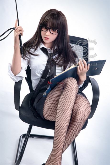Charming sex doll in glasses & fishnets Yuuka shows her yummy titties in a armchair - #946016