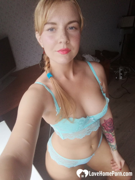 Beautiful amateur doll takes selfies while posing in her turquoise undies - #1153595