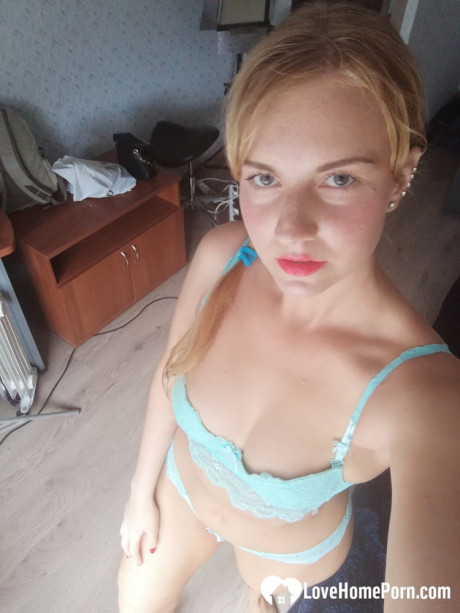 Beautiful amateur doll takes selfies while posing in her turquoise undies - #1153598