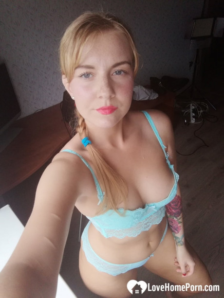 Beautiful amateur doll takes selfies while posing in her turquoise undies - #1153601