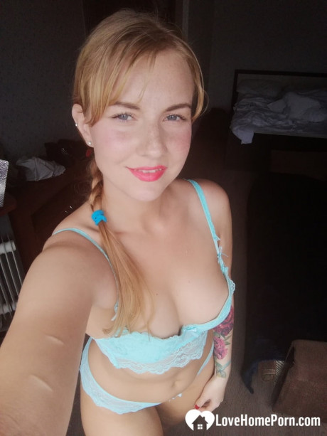 Beautiful amateur doll takes selfies while posing in her turquoise undies - #1153602