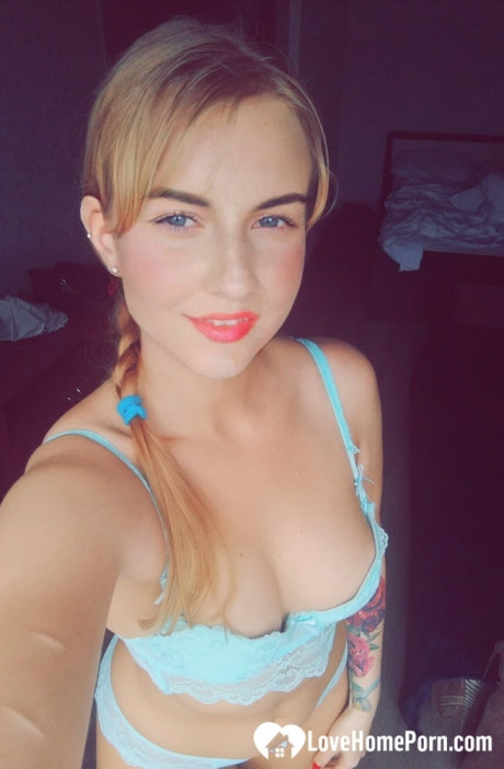 Beautiful amateur doll takes selfies while posing in her turquoise undies - #1153605