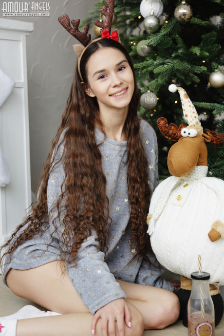 Adorable teen Leona Mia shows her skinny body wearing deer antlers and socks - #573232