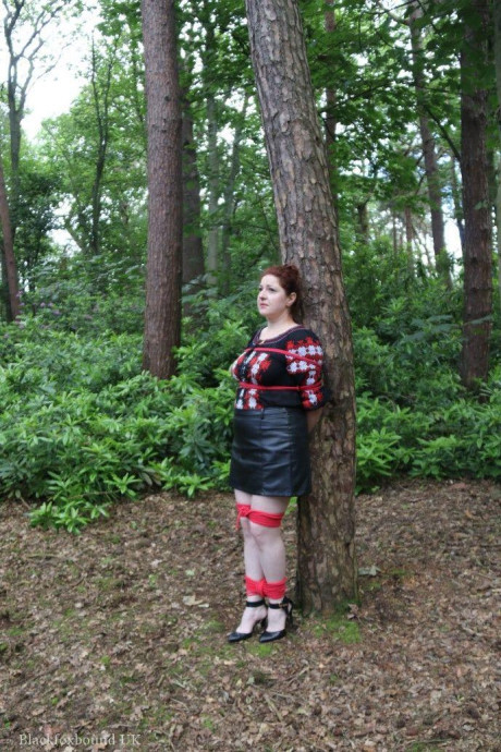 Chunky redhead is cleave gagged and tied to a tree in a forest - #812592