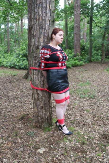 Chunky redhead is cleave gagged and tied to a tree in a forest - #812596