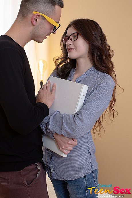 Brunette babe in glasses Ariana Shaine swallows a knob before getting boned - Image 1 of 20  in Teen category   featuring Ariana Shaine, Ronny 