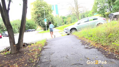 Dark haired Mistica needs to pee while in suburbs - #85627