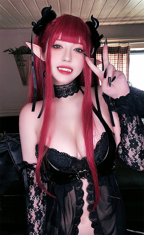 Ginger Head asian babe with pointy ears Liz poses in a seductive undergarment - Image 7 of 10  in Asian category  