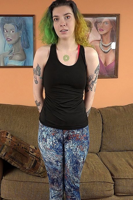 Green-haired amateur Mikaela shows her tattoos and blows a cock in POV - Image 1 of 21  in Tiny Tits category   featuring Logan Drake, Mikaela 