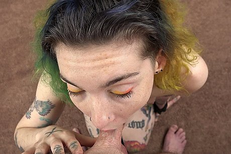 Green-haired amateur Mikaela shows her tattoos and blows a cock in POV - Image 18 of 21  in Tiny Tits category   featuring Logan Drake, Mikaela 