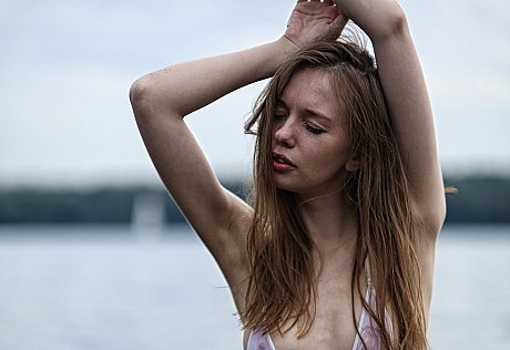 Skinny brunette young posing in her tiny white bikini in the sea water - Image 4 of 17  in Teen category   featuring Gloria 