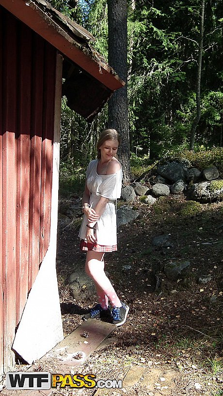 Solo whore GF woman shows her tits and vagina while forcing entry into abandoned cabin - Image 1 of 16  in Outdoor category   featuring Evelina Juliet 