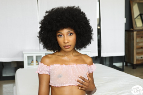 Petite black lady girl broad Olivia Jay sports an afro during sex with her white dude - #710236